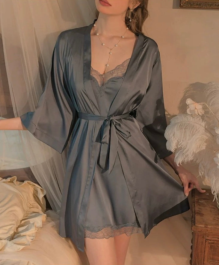 Ollie Lace Trim Padded Nightdress Set (Greyish Blue)