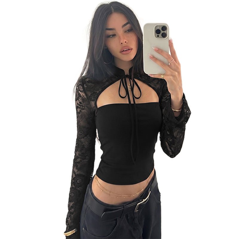 Lace Panel Mock Neck Crop Top