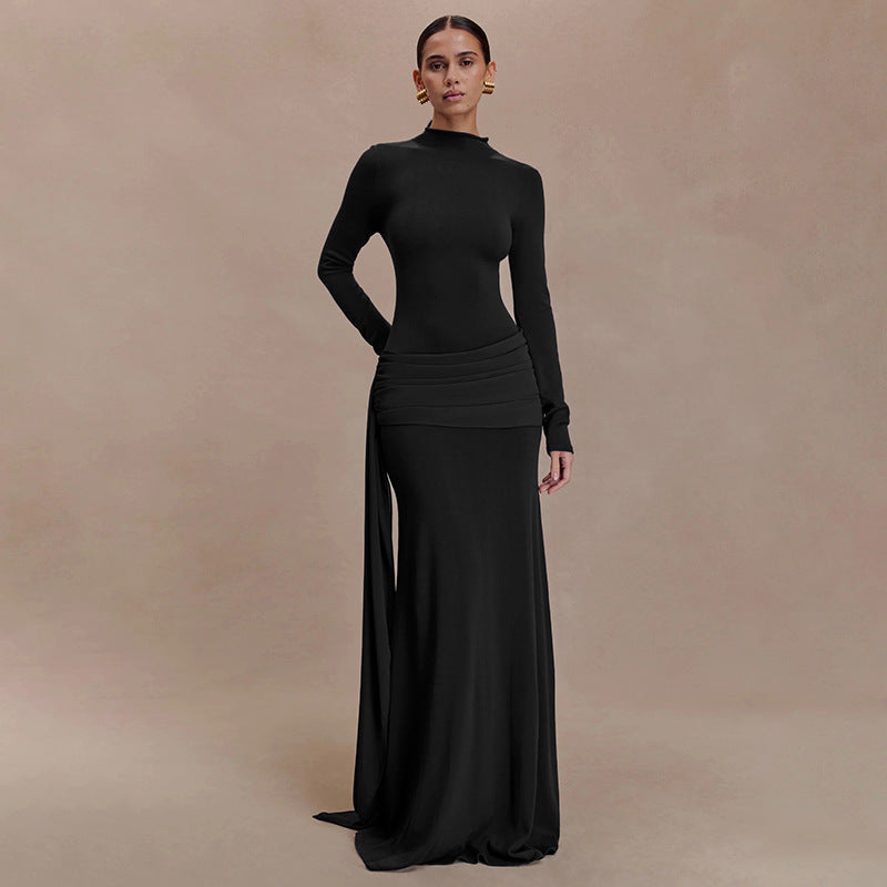 Turtleneck Pleated Bodycon Maxi Dress
