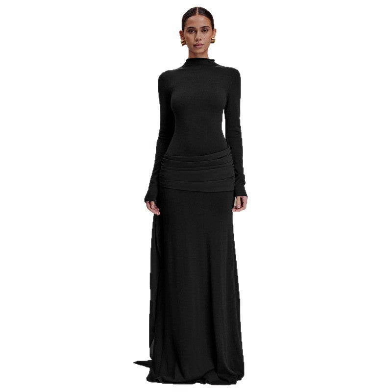 Turtleneck Pleated Bodycon Maxi Dress