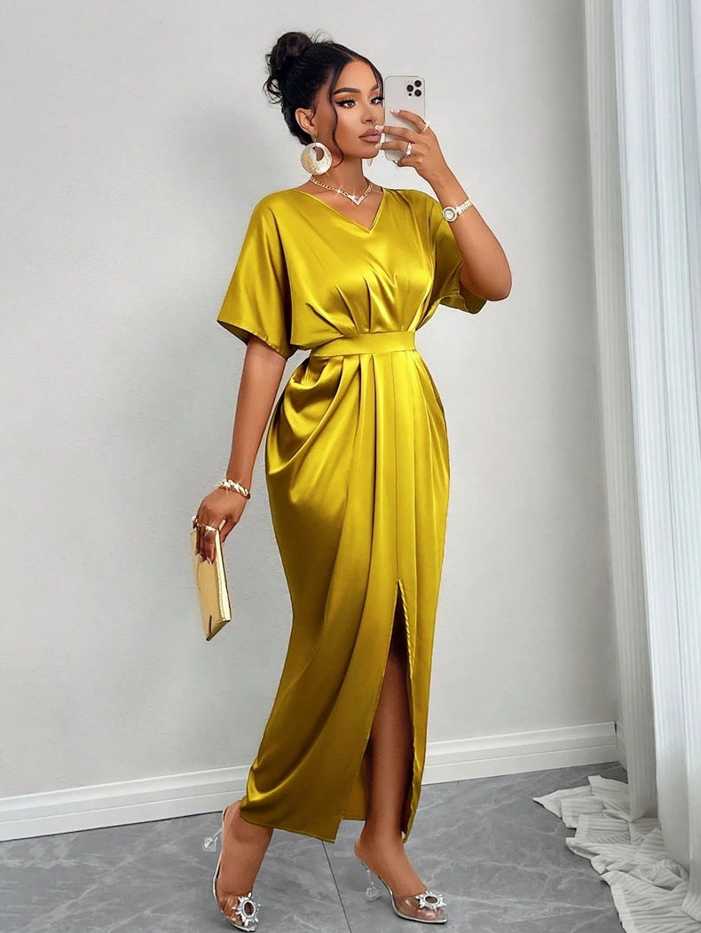 Satin V-Neck Side Split Maxi Dress