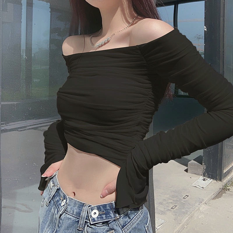 Off Shoulder Mesh Flare Sleeve Top