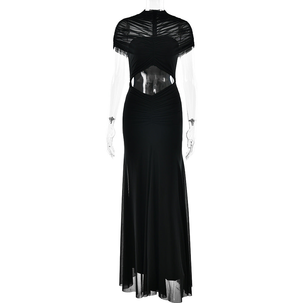 Pleated Mesh Panel Maxi Dress