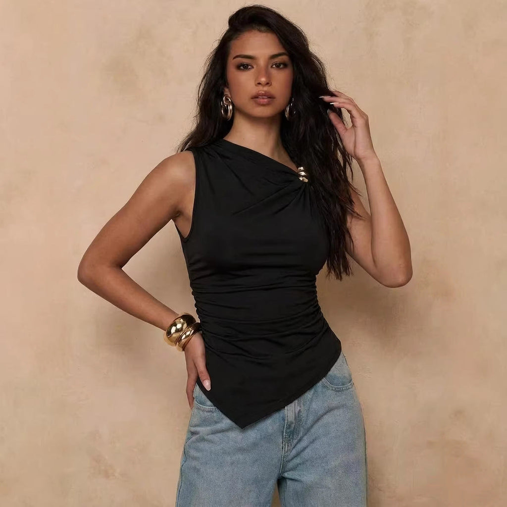 Metal Buckle Pleated Sleeveless Top
