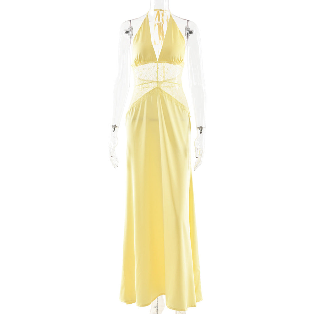 Satin Halter Maxi Dress with Lace