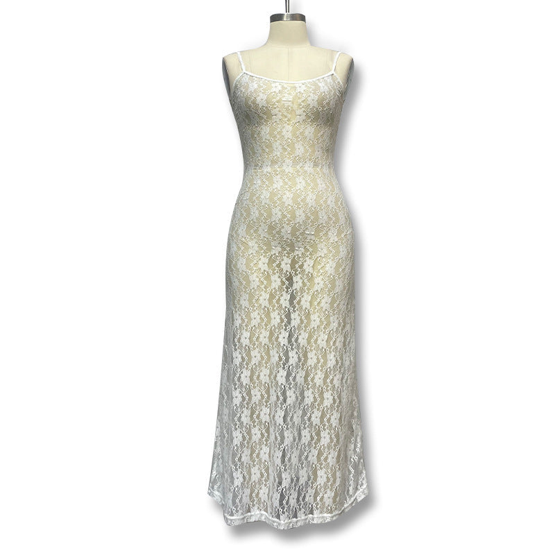 Sheer Lace Backless Midi Dress
