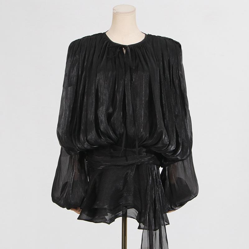 Pleated Mesh Puff Sleeve Mini Dress