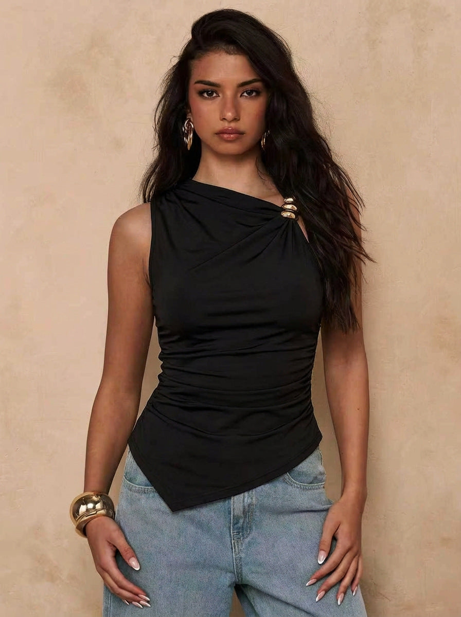 Metal Buckle Pleated Sleeveless Top