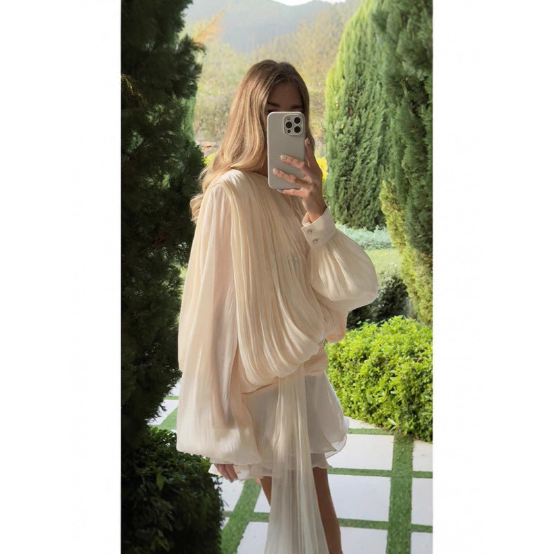 Pleated Mesh Puff Sleeve Mini Dress