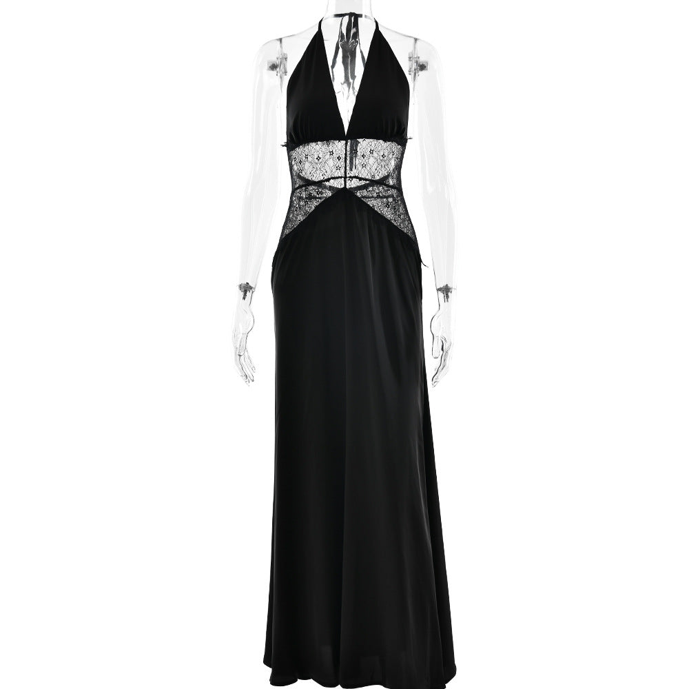 Satin Halter Maxi Dress with Lace