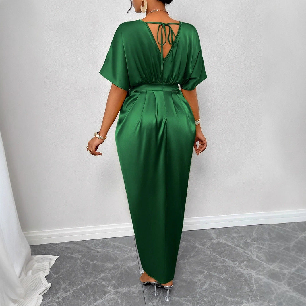Satin V-Neck Side Split Maxi Dress