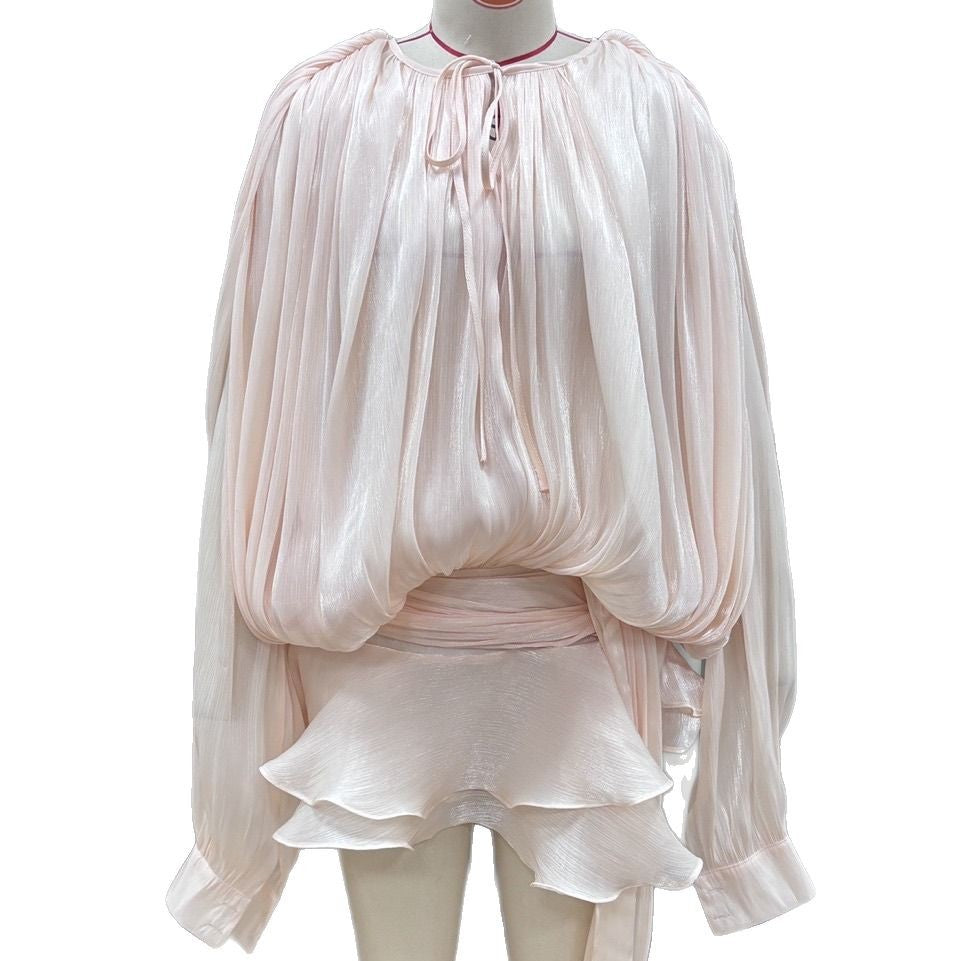 Pleated Mesh Puff Sleeve Mini Dress