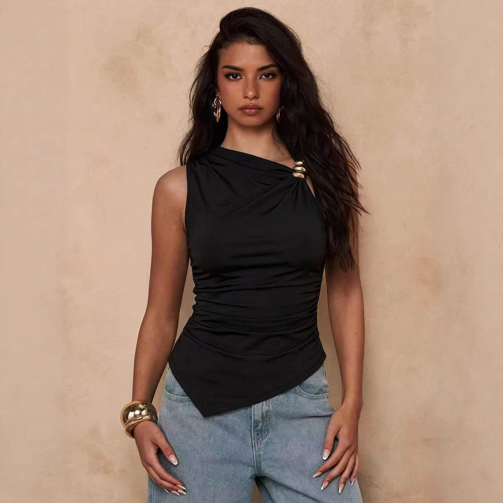 Metal Buckle Pleated Sleeveless Top