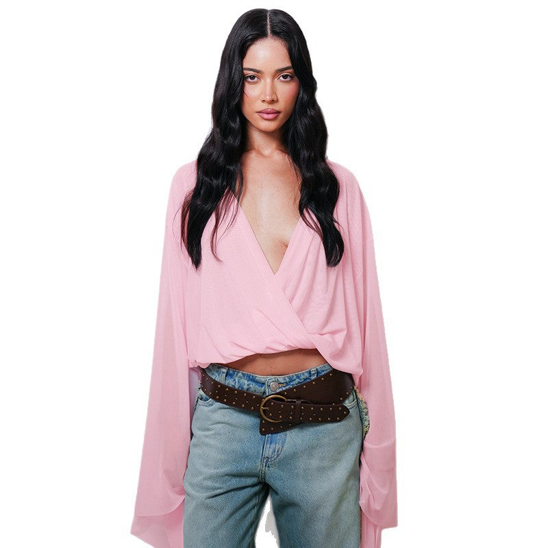 Mesh Flare Sleeve V-Neck Top