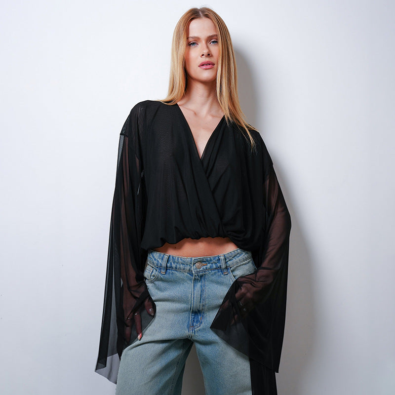 Mesh Flare Sleeve V-Neck Top
