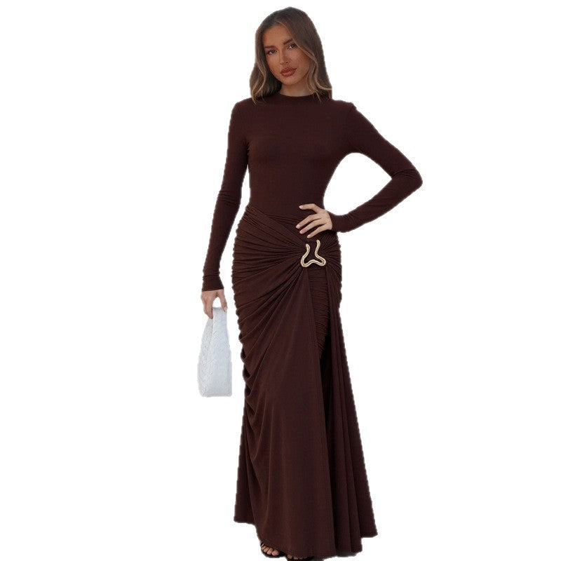 Metal Trim Pleated Maxi Dress