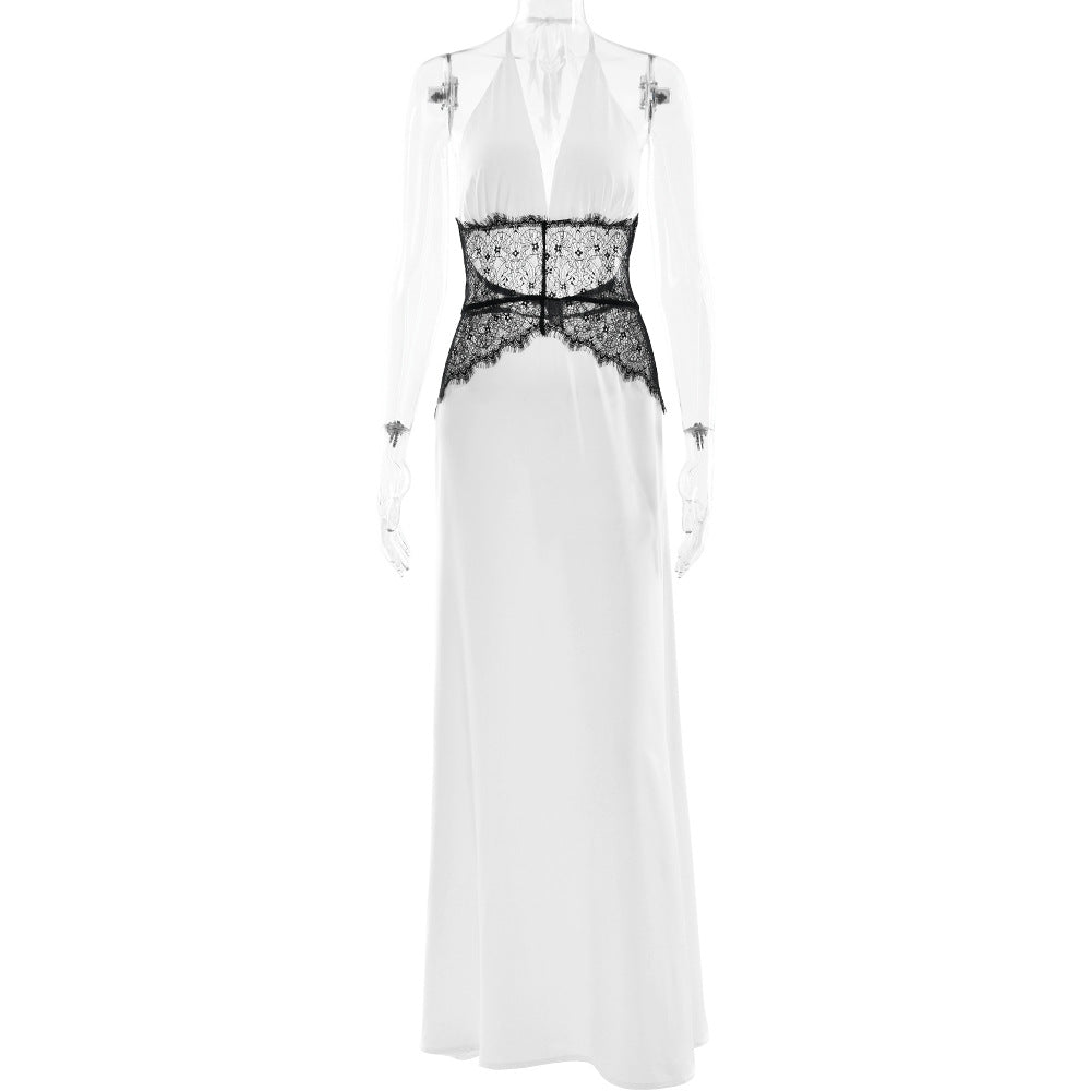 Satin Halter Maxi Dress with Lace