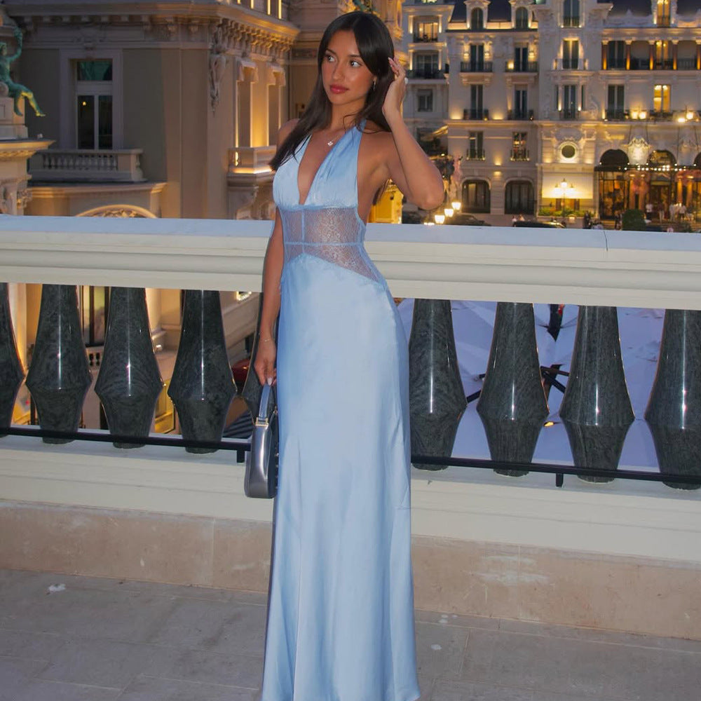 Satin Halter Maxi Dress with Lace
