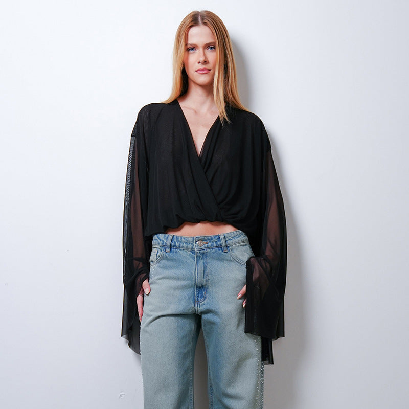 Mesh Flare Sleeve V-Neck Top
