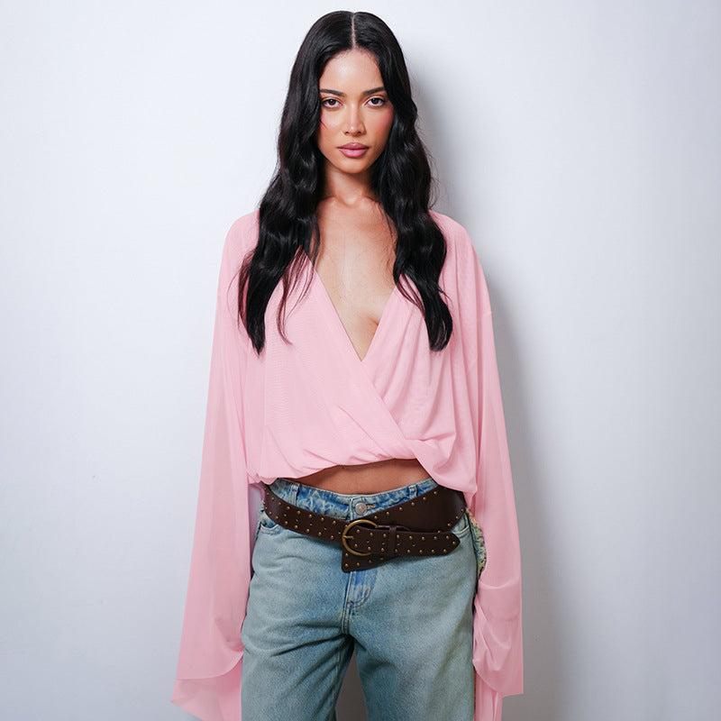 Mesh Flare Sleeve V-Neck Top