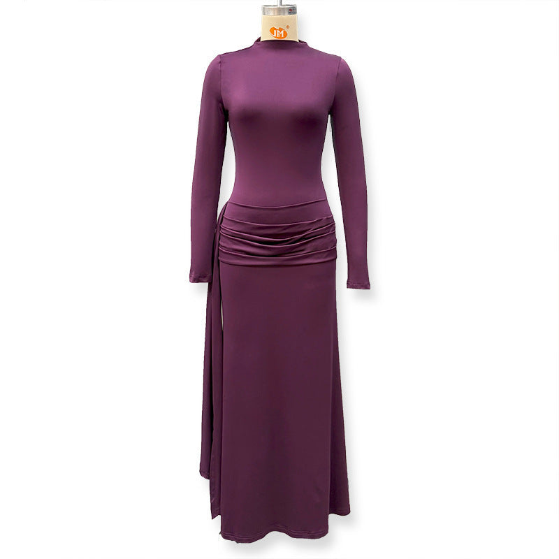 Turtleneck Pleated Bodycon Maxi Dress
