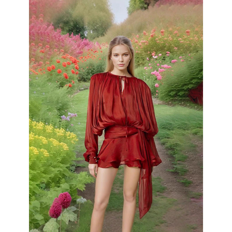 Pleated Mesh Puff Sleeve Mini Dress
