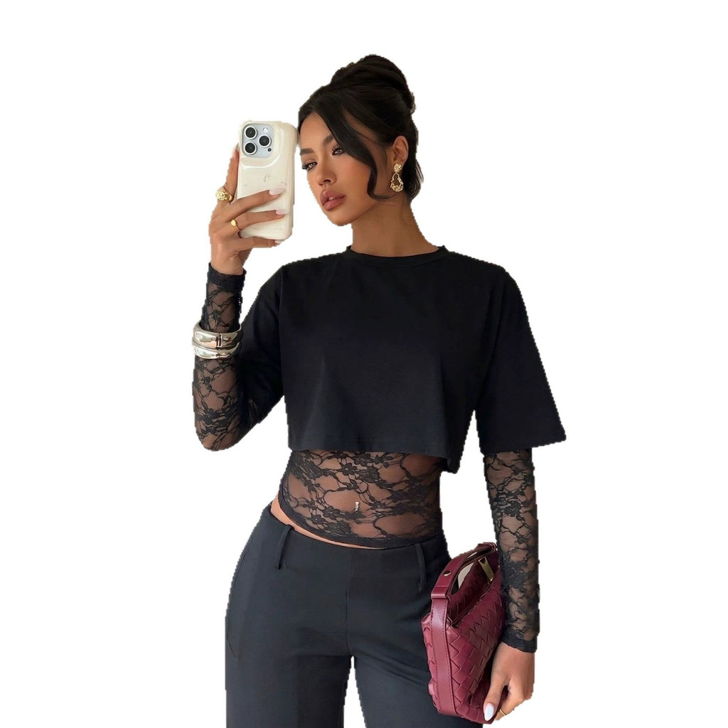 Lace Panel Long Sleeve Top