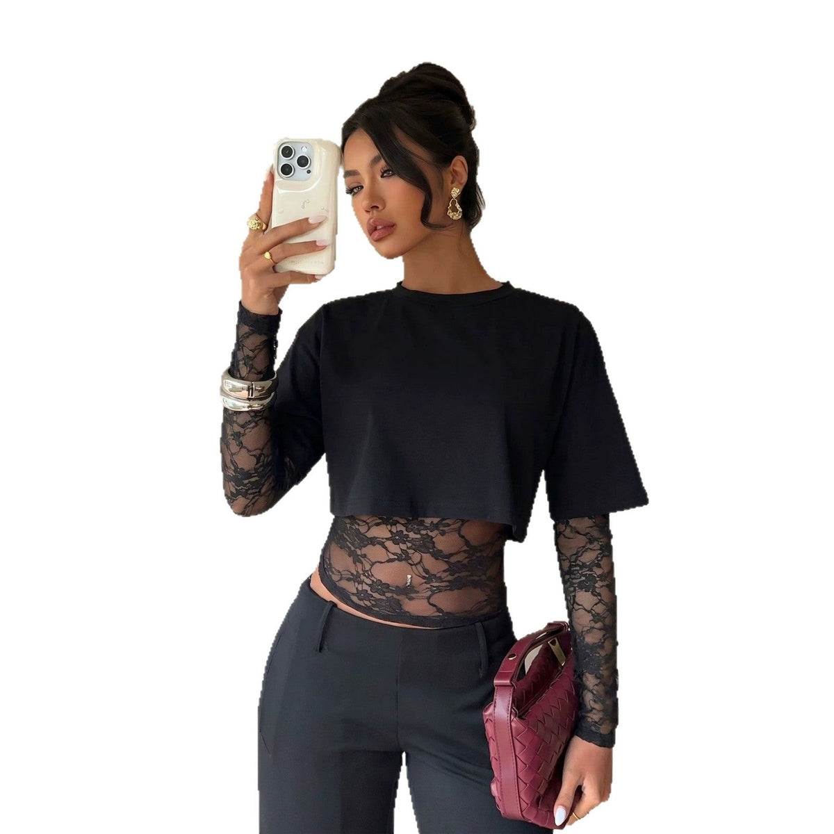 Lace Panel Long Sleeve Top