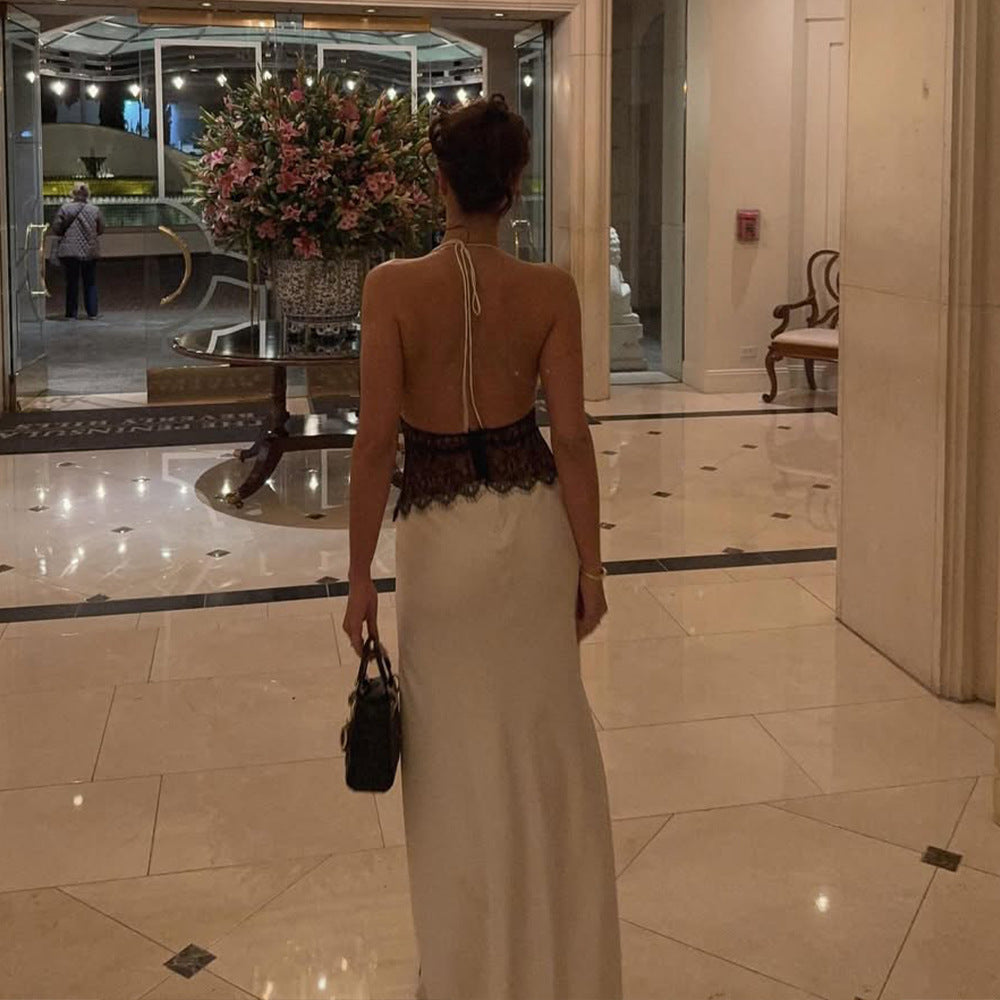 Satin Halter Maxi Dress with Lace