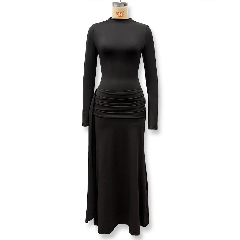 Turtleneck Pleated Bodycon Maxi Dress