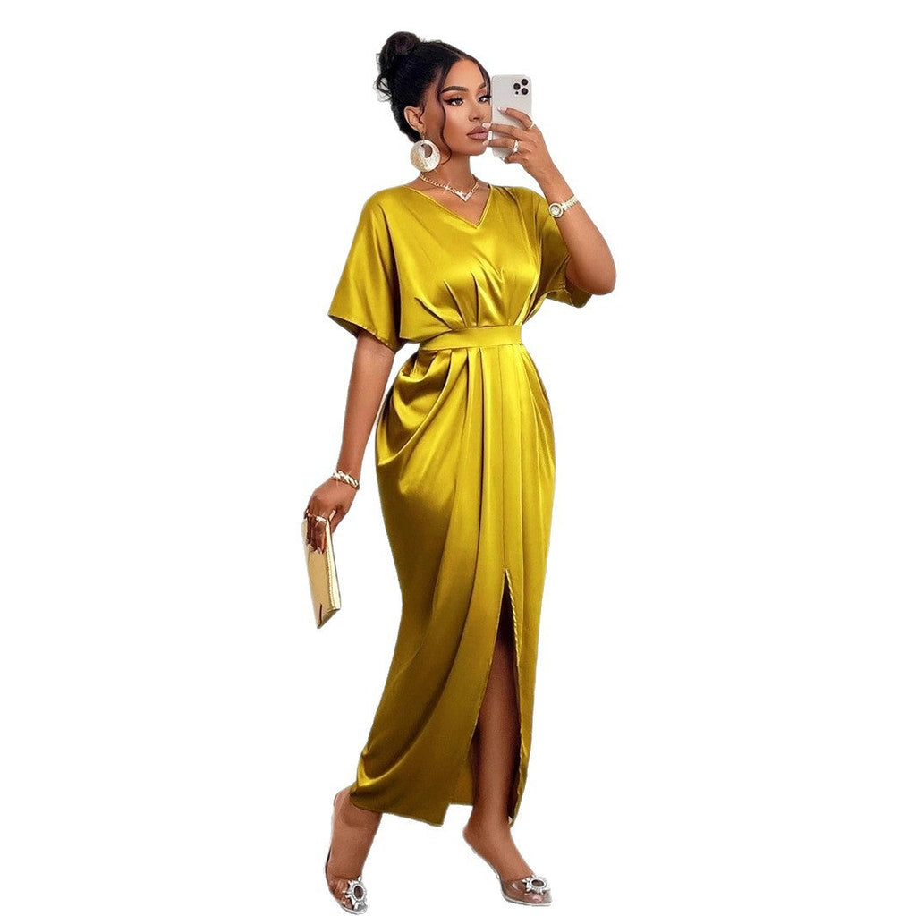 Satin V-Neck Side Split Maxi Dress