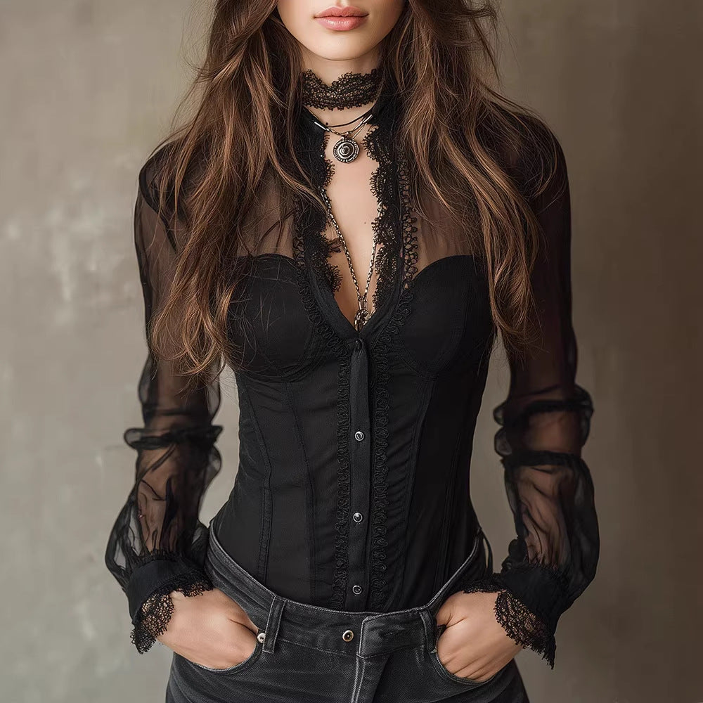 Velvet and Lace Button Top