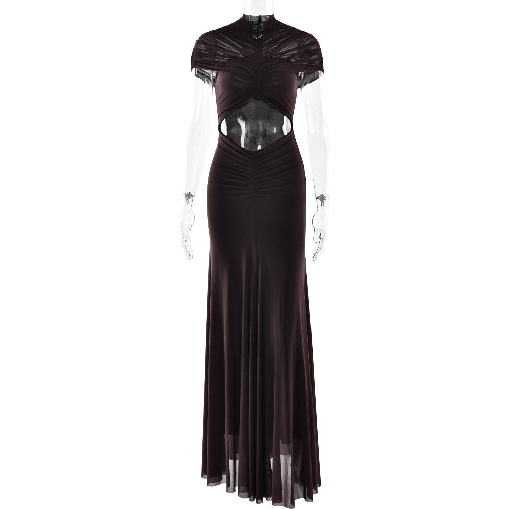 Pleated Mesh Panel Maxi Dress