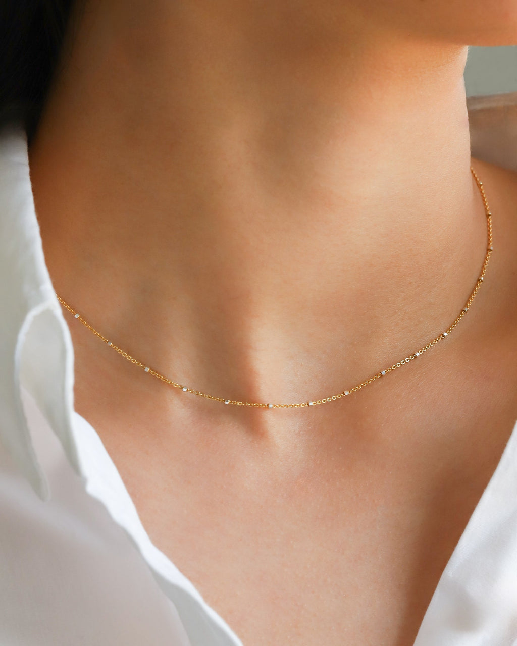 Two Tone Station Square Bead Chain Necklace