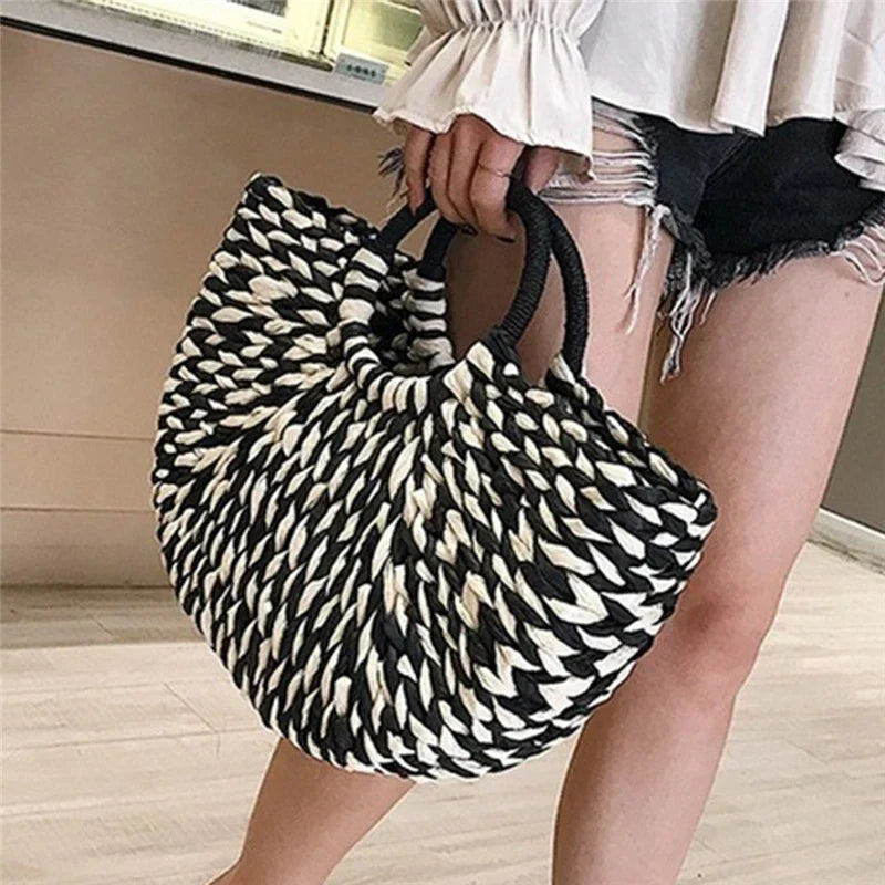 Black and White Round Wicker Basket Bag