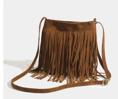 Vintage brown suede shoulder bag with fringe