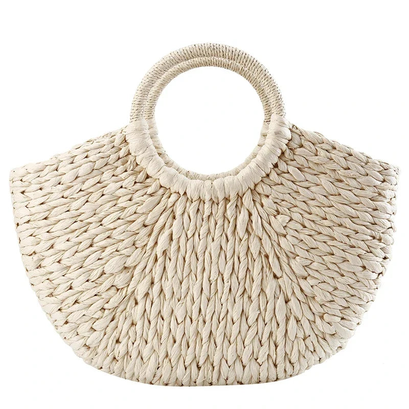 Black and White Round Wicker Basket Bag