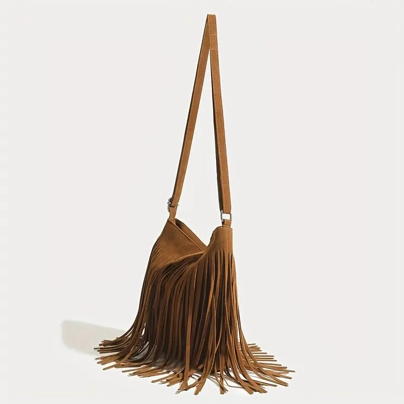 Vintage brown suede shoulder bag with fringe