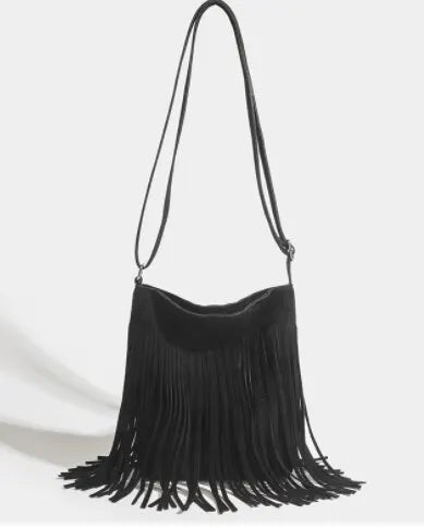 Vintage black suede shoulder bag with fringe