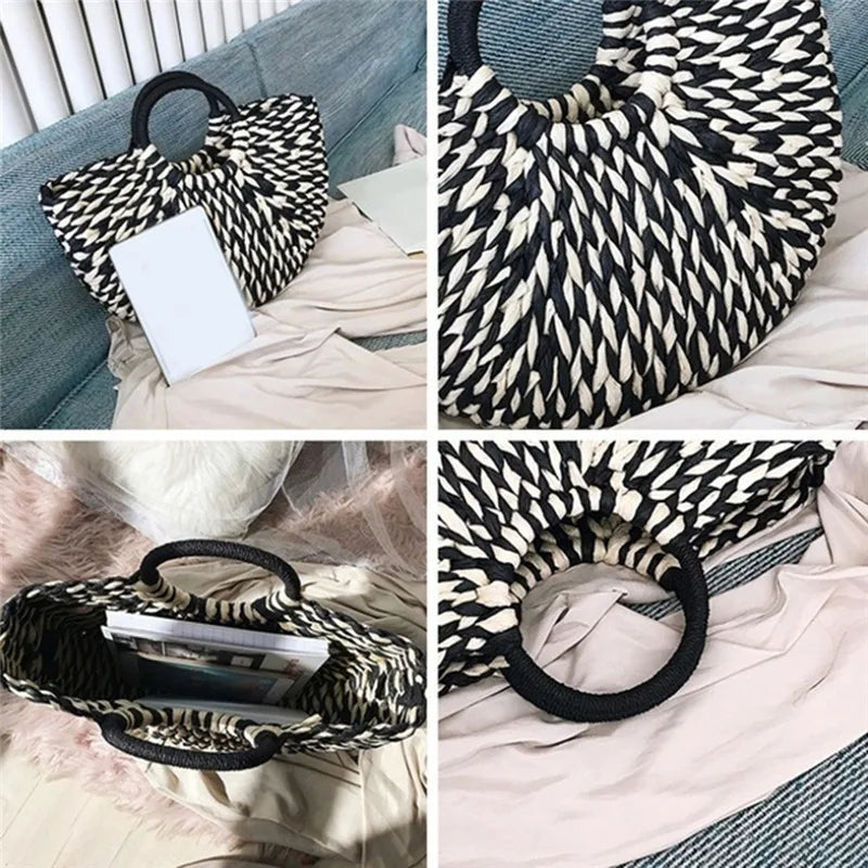 Beige Round Wicker Basket Bag