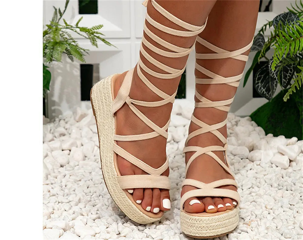 Black Boho Lace-Up Platform Sandals