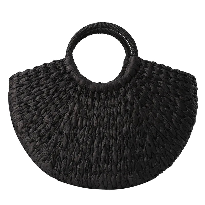 Black and White Round Wicker Basket Bag