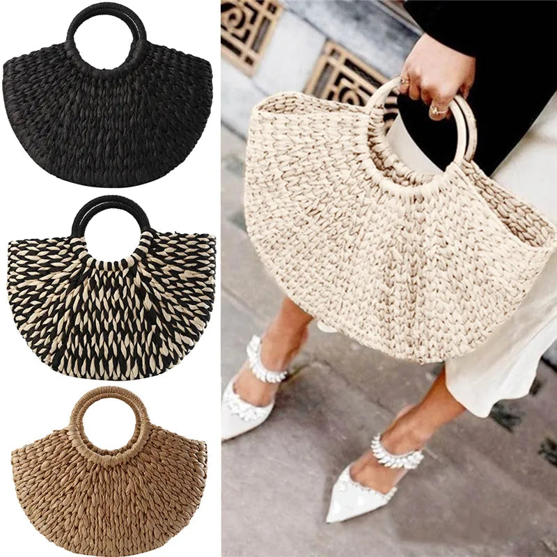 Black and White Round Wicker Basket Bag