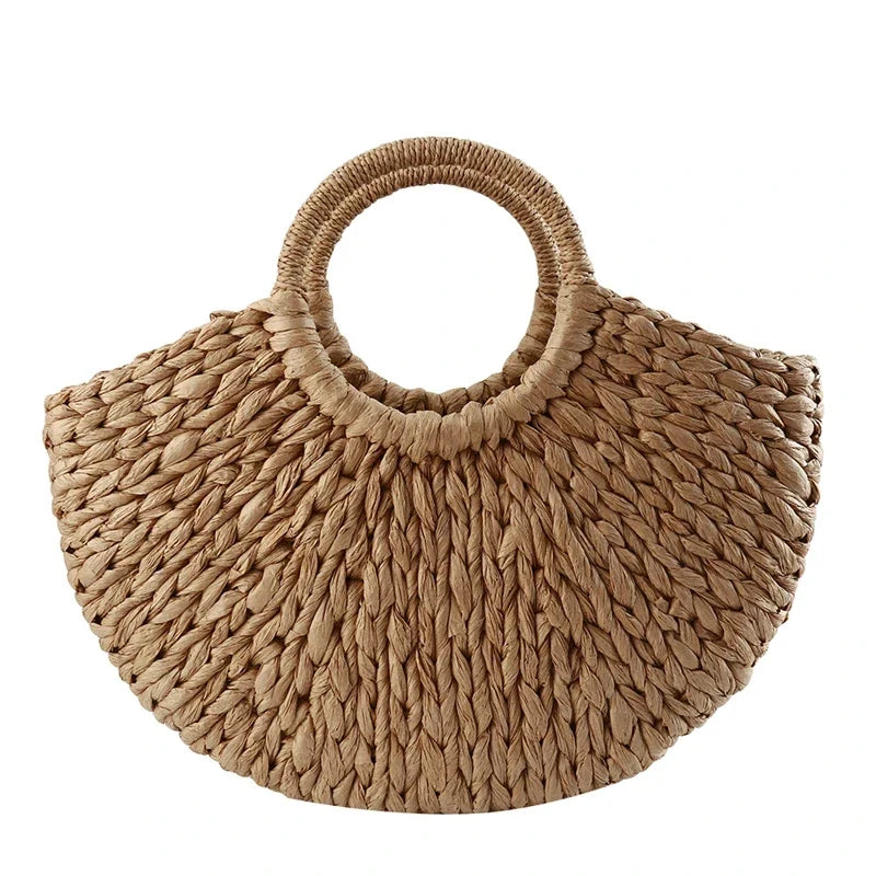 Black and White Round Wicker Basket Bag