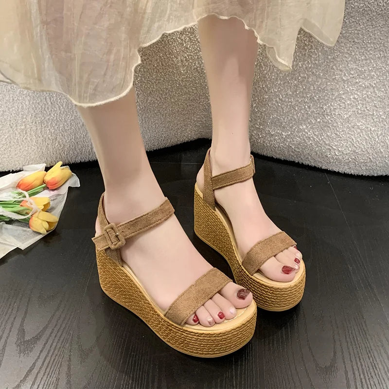 Beige boho platform sandals