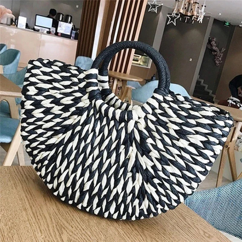 Black and White Round Wicker Basket Bag
