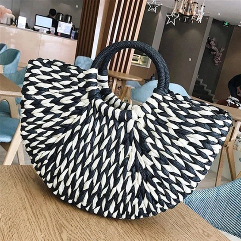 Beige Round Wicker Basket Bag