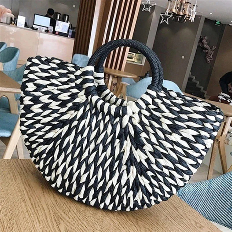 Brown Round Wicker Basket Bag
