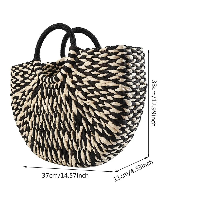 Beige Round Wicker Basket Bag