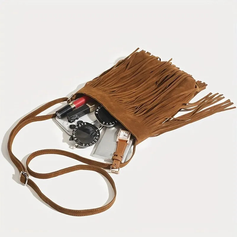 Vintage brown suede shoulder bag with fringe